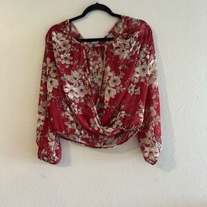 Charlotte Russe Red Floral Wrap Blouse with Sailor Collar